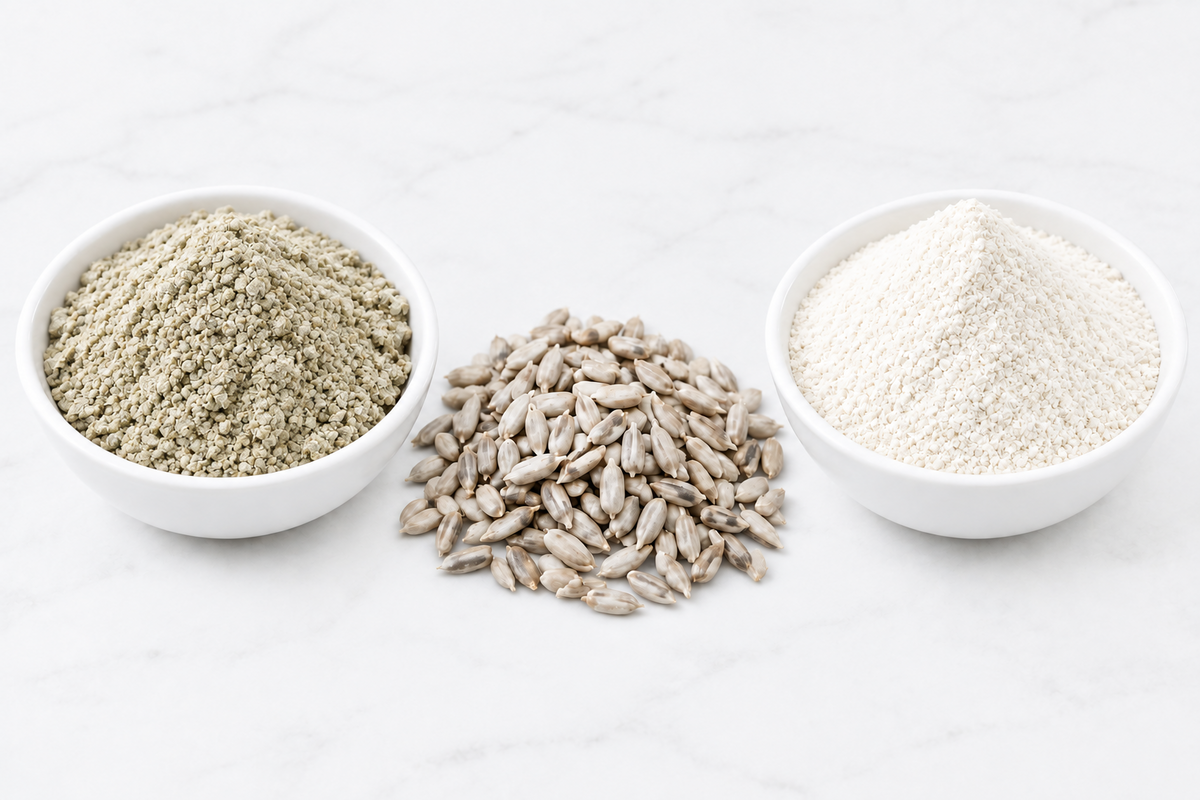 Zwei Schalen mit graugrünem und weißem Sonnenblumenprotein, dazwischen Sonnenblumenkerne