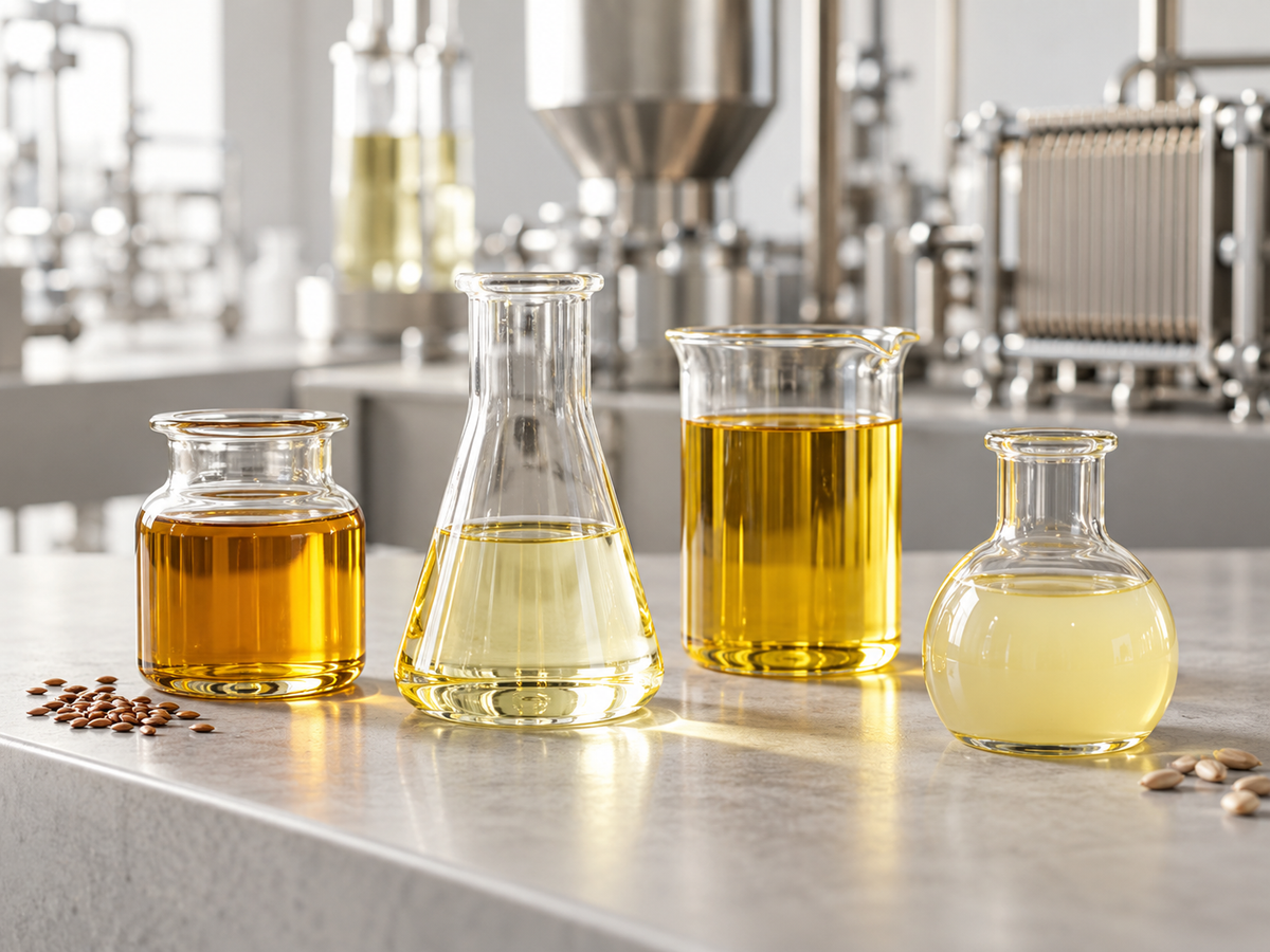 Frascos de laboratorio con aceites de distintas calidades delante de una instalación de producción