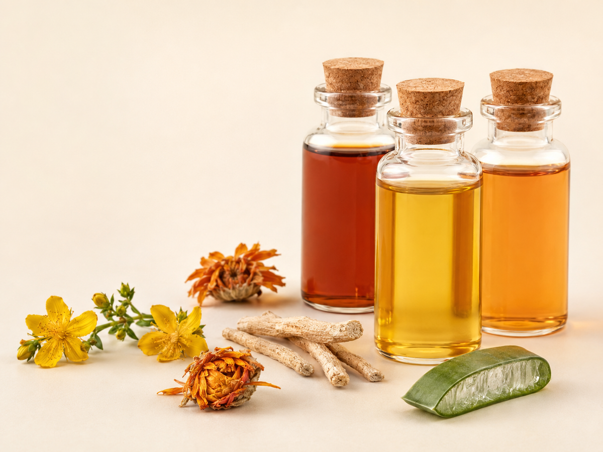 Trois macérats en flacons de verre avec des fleurs de souci, du millepertuis, des racines et une feuille d’aloe vera