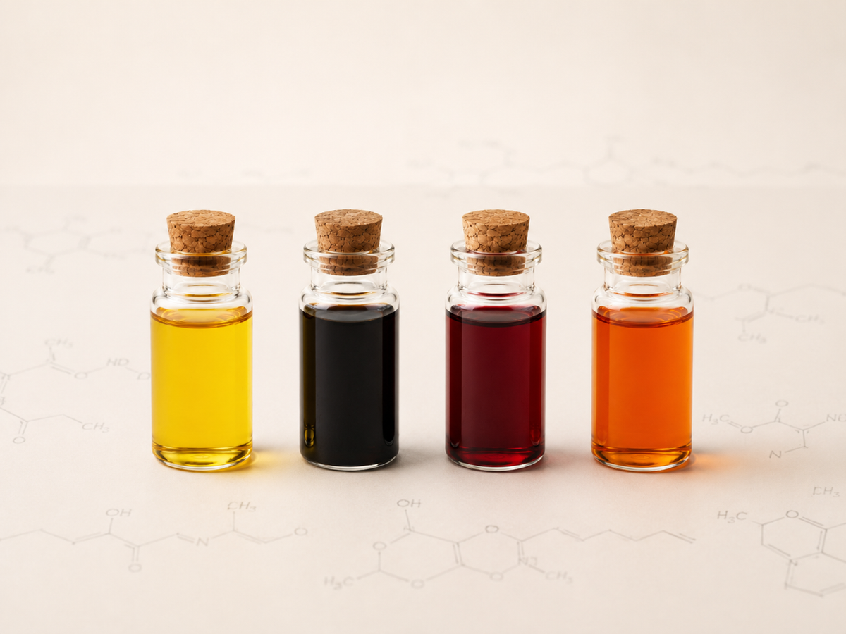 Antioxydants StoppOx® – quatre flacons en verre contenant des liquides jaune, noir, rouge et orange