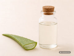 Aloe Vera Öl Mazerat, bio – klares Öl in Glasflasche mit Korken neben einem Aloe-vera-Blatt