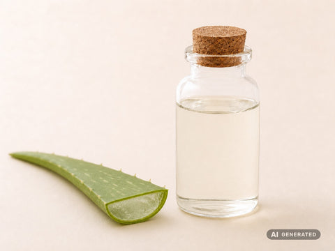 Macerato oleoso di aloe vera, bio – olio trasparente in bottiglia di vetro con tappo di sughero accanto a una foglia di aloe vera