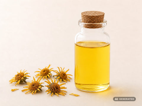 Macerato di arnica (fiori essiccati), COS, bio – olio giallo in bottiglia di vetro con fiori di arnica essiccati