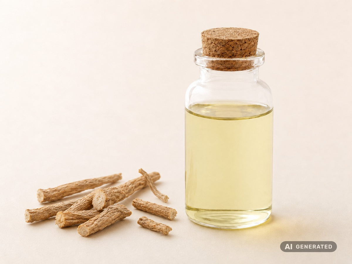 Ashwagandhawurzelmazerat trocken, bio – hellgelbes Öl in Glasflasche mit getrockneten Ashwagandha-Wurzeln
