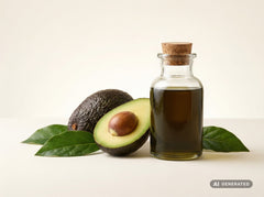 Avocadoöl kaltgepresst, bio (Food) – dunkelgrünes Öl in Glasflasche mit halbierter Avocado und Blättern