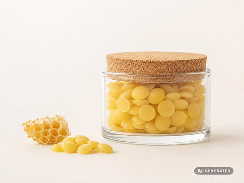 Cera d’api gialla (pastiglie) – pastiglie di cera gialle in vasetto di vetro con coperchio di sughero accanto a un favo di miele