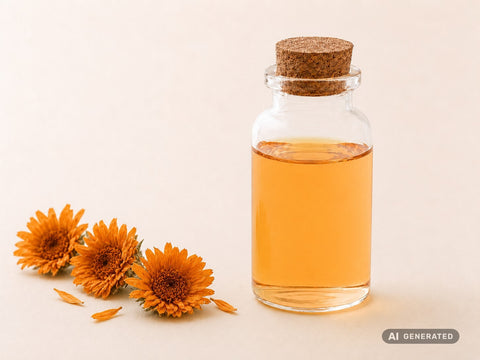 Macerato di calendula (fiori essiccati), bio – olio arancione in bottiglia di vetro con fiori di calendula