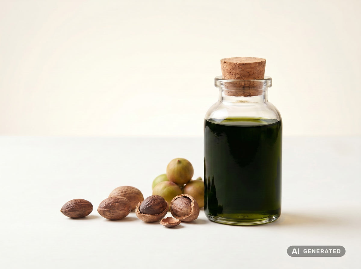 Calophyllumöl kaltgepresst, bio – dunkelgrünes Öl in Glasflasche mit Calophyllum-Nüssen