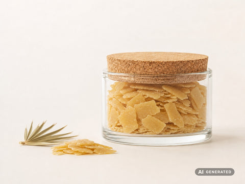 Cera carnauba, bio, tipo 1 – scaglie di cera giallo chiaro in vasetto di vetro con coperchio di sughero accanto a una foglia di palma