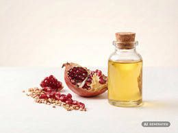 Aceite de semilla de granada prensado en frío, ecológico: aceite amarillo en botella de vidrio con una granada abierta y granos