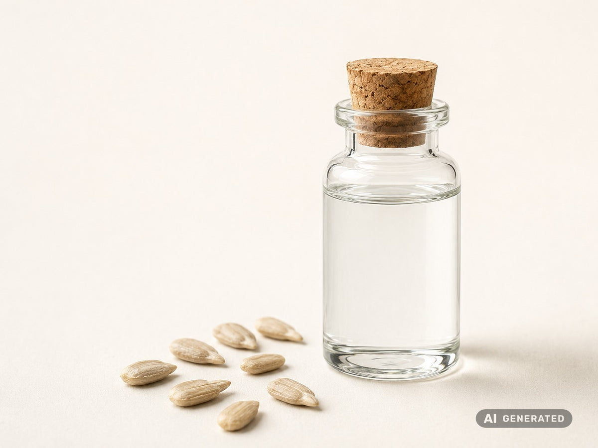 Glycérine végétale (tournesol), bio – liquide transparent en flacon de verre avec des graines de tournesol
