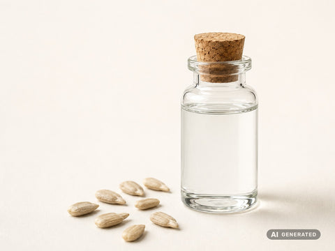 Glicerina vegetale (girasole), bio – liquido trasparente in bottiglia di vetro con semi di girasole