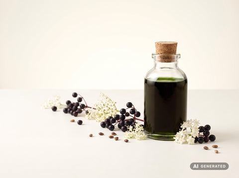 Olio di semi di sambuco spremuto a freddo, bio – olio verde scuro in bottiglia di vetro con bacche e fiori di sambuco