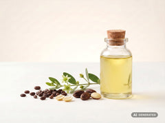 Jojobaöl kaltgepresst, bio – goldgelbes Öl in Glasflasche mit Jojobasamen und Zweig