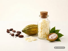 Cocoa Butter, deodorised, organic (chips) – pale cocoa butter chips in a glass bottle with cocoa pod and beans