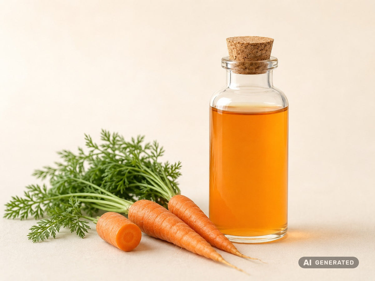 Macérat de carotte (carottes fraîches), bio – huile orange en flacon de verre avec des carottes fraîches et leurs fanes