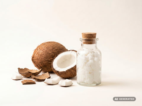 Olio di cocco vergine, bio (alimentare) – olio di cocco bianco in bottiglia di vetro con noce di cocco aperta
