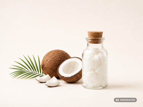 Olio di cocco raffinato, bio – olio di cocco bianco in bottiglia di vetro con noce di cocco e foglia di palma