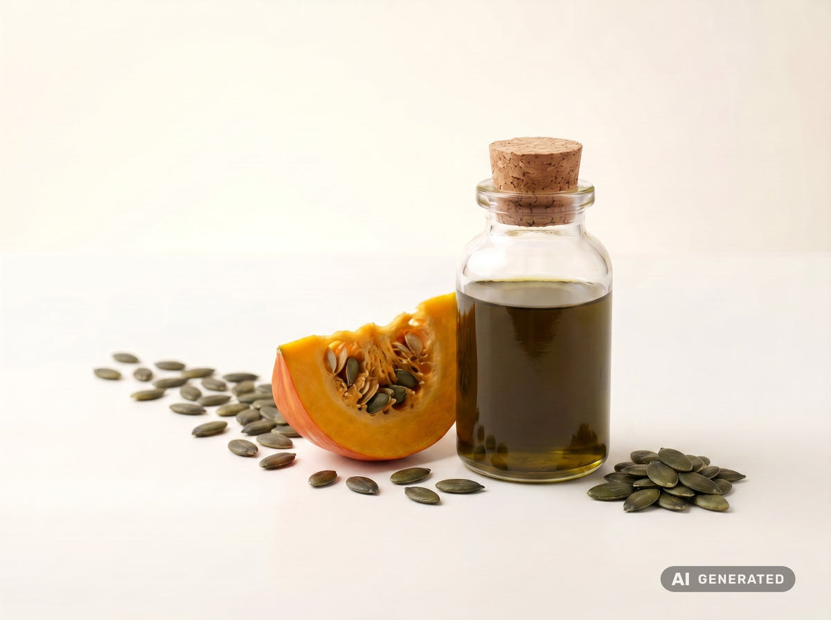 Huile de pépins de courge torréfiés, bio (alimentaire) – huile vert foncé en flacon de verre avec un morceau de courge et des graines de courge