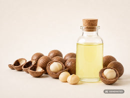 Macadamia Nut Oil, cold-pressed, organic – light yellow oil in a glass bottle with macadamia nuts