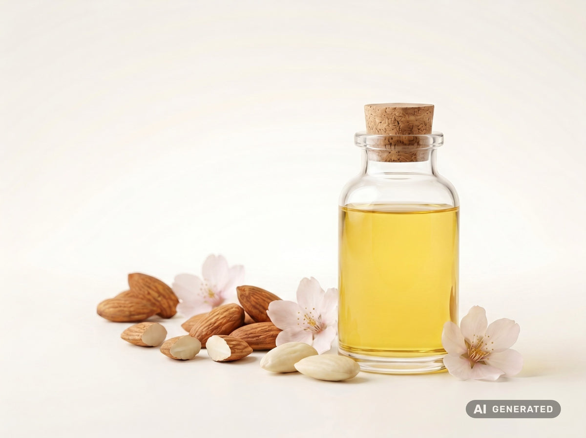 Mandelöl kaltgepresst, bio – goldgelbes Öl in Glasflasche mit Mandeln und Mandelblüten