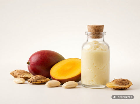 Burro di mango raffinato, bio – burro bianco crema in bottiglia di vetro con mango e noccioli di mango