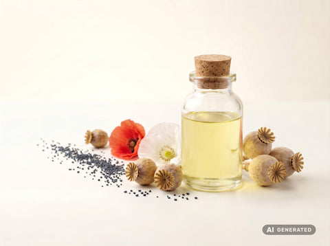 Olio di semi di papavero spremuto a freddo, bio – olio giallo chiaro in bottiglia di vetro con capsule, fiore e semi di papavero