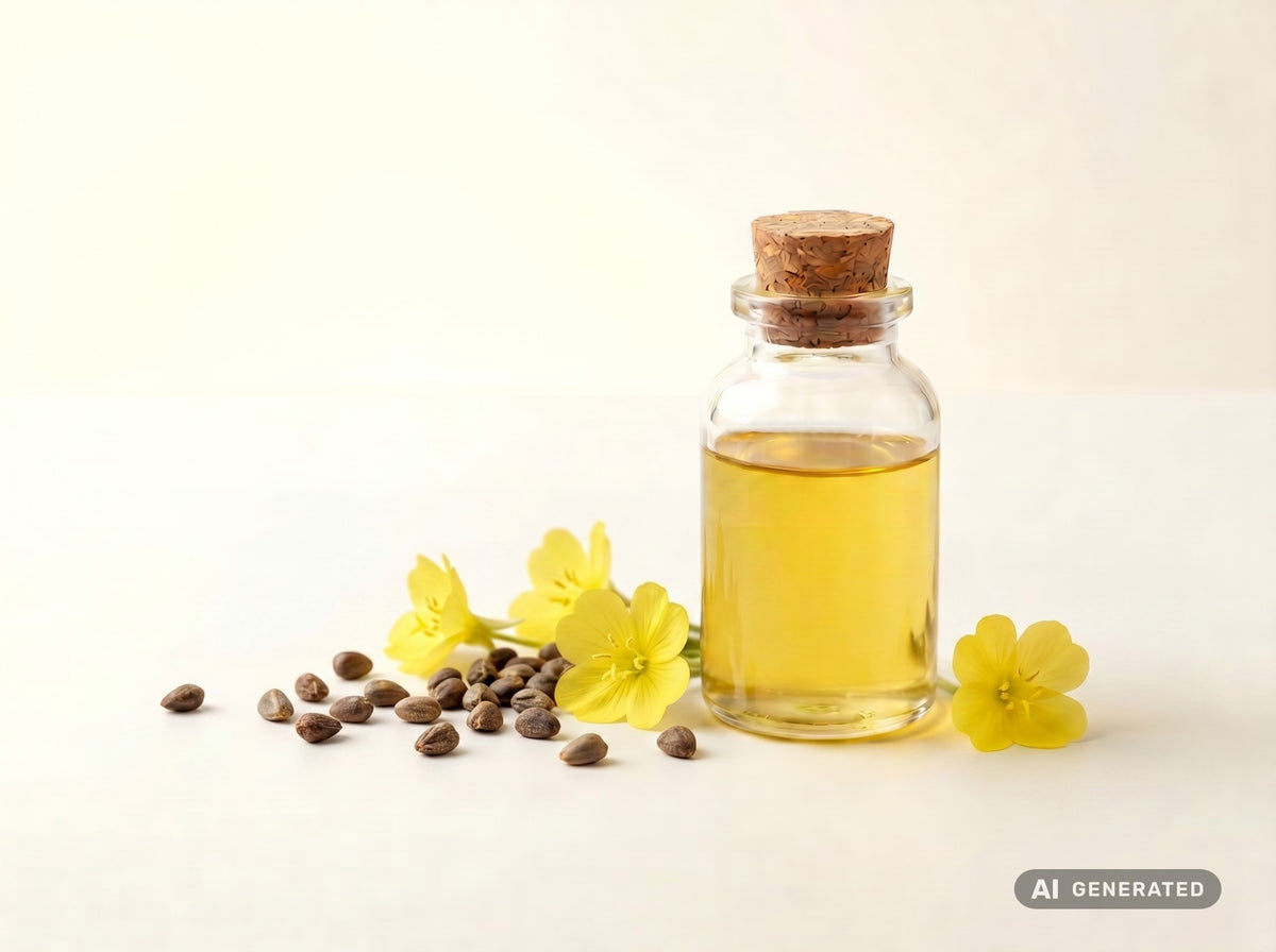 Nachtkerzenöl kaltgepresst, bio – goldgelbes Öl in Glasflasche mit gelben Nachtkerzenblüten und Samen