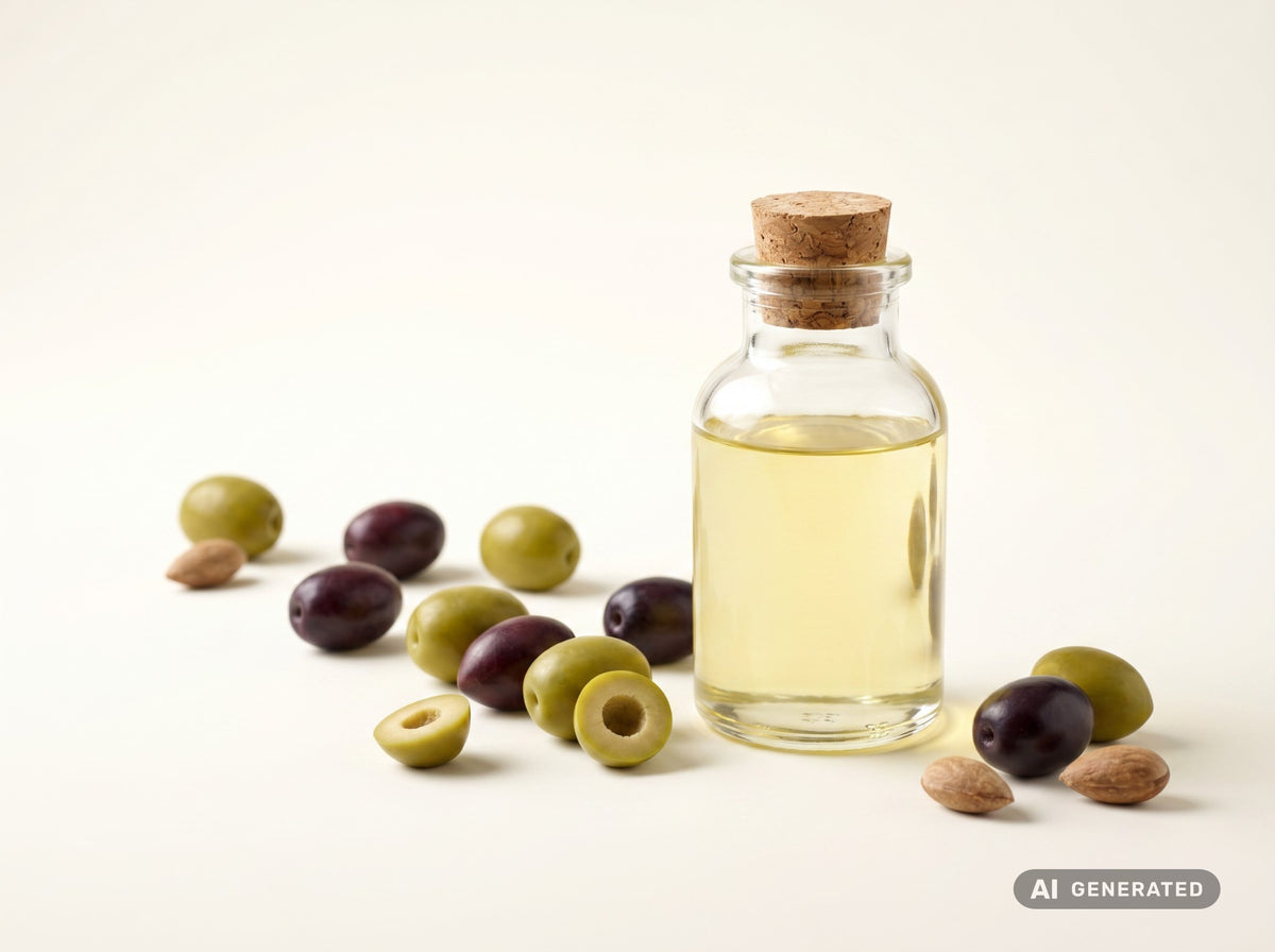 Olivenöl desodoriert, bio – hellgelbes Öl in Glasflasche mit grünen und dunklen Oliven