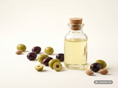 Olio d’oliva deodorato, bio – olio giallo chiaro in bottiglia di vetro con olive verdi e scure