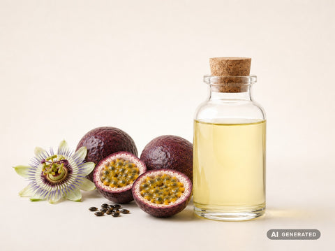 Olio di semi di frutto della passione spremuto a freddo, bio – olio giallo chiaro in bottiglia di vetro con frutti e fiore della passione