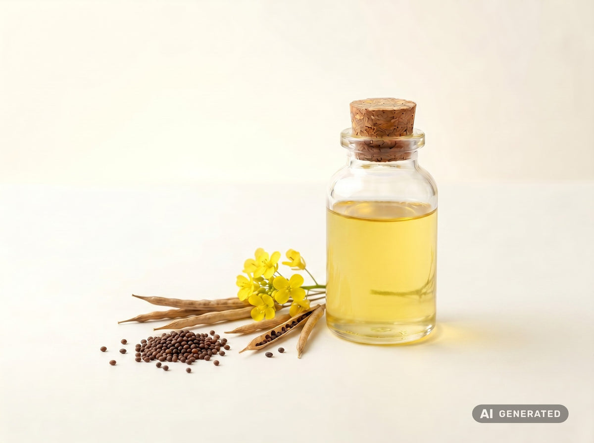 Rapsöl raffiniert, bio (Food) – hellgelbes Öl in Glasflasche mit Rapsblüten, Schoten und Rapssamen