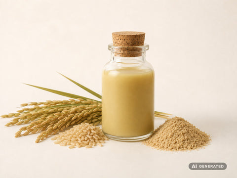 Estratto CO₂ di crusca di riso, bio – estratto beige torbido in bottiglia di vetro con pannocchie di riso e crusca di riso
