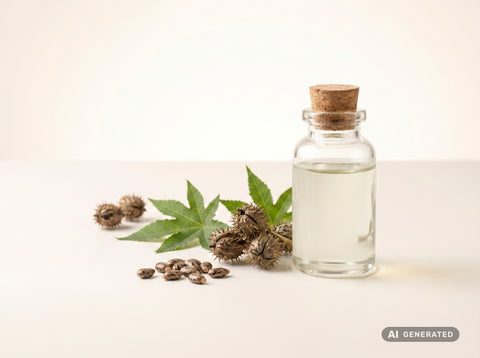 Olio di ricino spremuto a freddo, bio – olio trasparente in bottiglia di vetro con semi e foglie di ricino