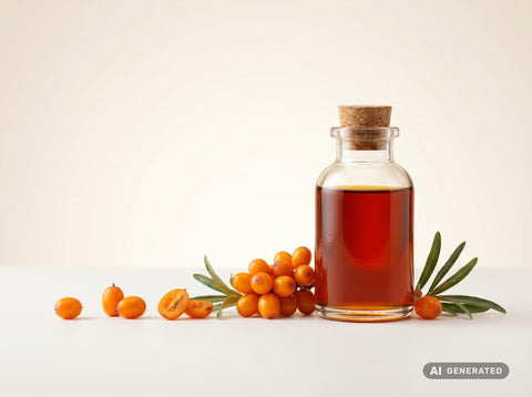 Olio di polpa di olivello spinoso, bio – olio rosso scuro in bottiglia di vetro con bacche arancioni di olivello spinoso
