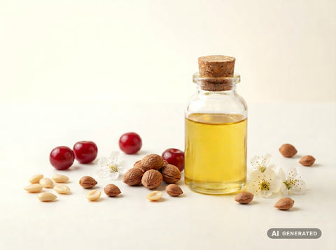 Olio di nocciolo di amarena spremuto a freddo, bio – olio giallo oro in bottiglia di vetro con amarene e noccioli