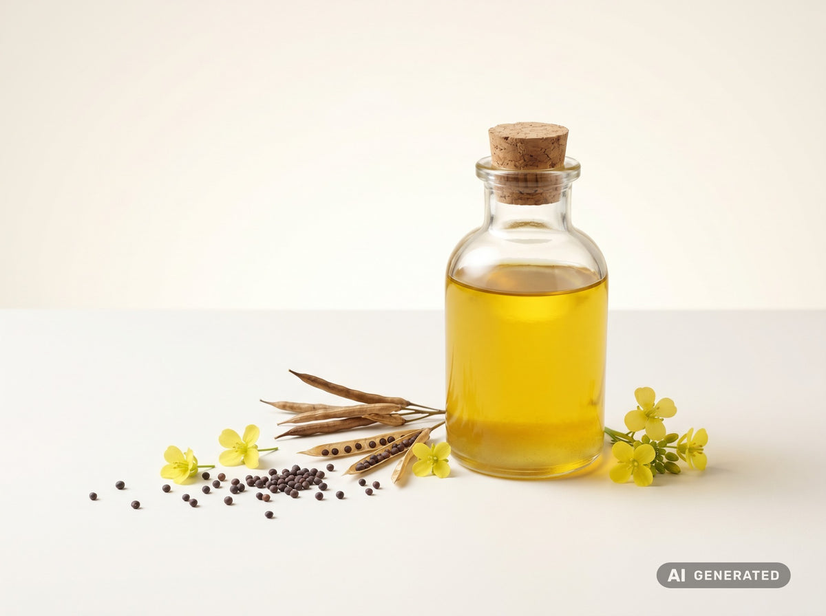Senföl kaltgepresst, bio – goldgelbes Öl in Glasflasche mit Senfsamen, Schoten und gelben Blüten