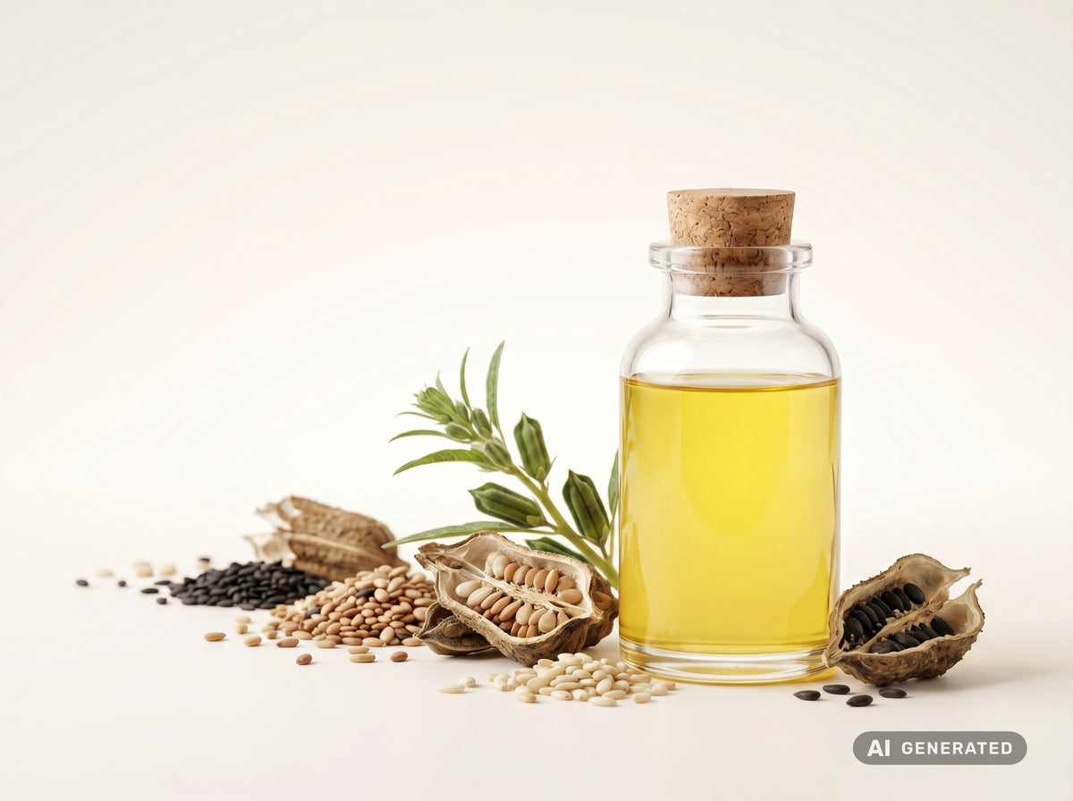 Sesamöl kaltgepresst, bio (Food) – goldgelbes Öl in Glasflasche mit Sesamsamen und Sesamkapseln