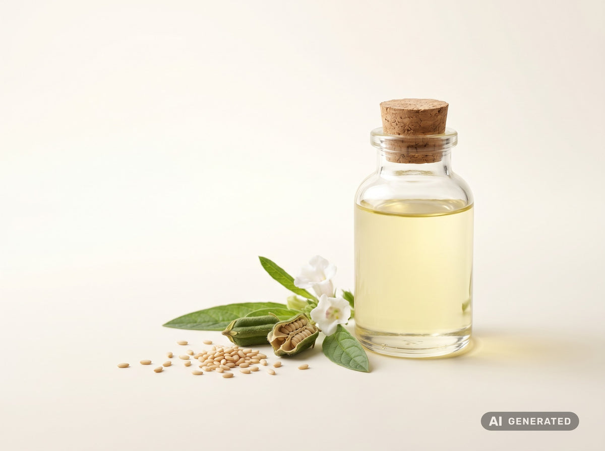 Sesamöl raffiniert, bio – hellgelbes Öl in Glasflasche mit Sesamsamen und Blüte
