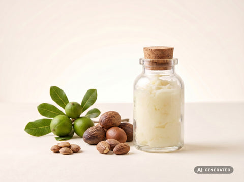 Burro di karité grezzo, bio – burro bianco-giallastro e cremoso in bottiglia di vetro con noci e frutti di karité