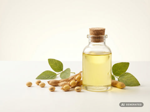 Olio di soia raffinato, bio – olio giallo chiaro in bottiglia di vetro con semi, baccelli e foglie di soia