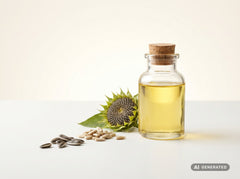 Sonnenblumenöl LO raffiniert, bio (Food) – gelbes Öl in Glasflasche mit Sonnenblumenkopf und Kernen