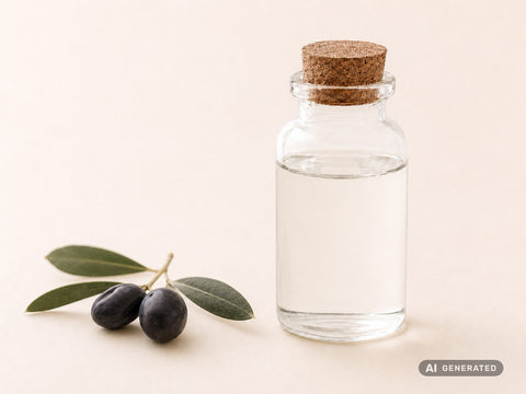 Squalano, da olio d’oliva – liquido trasparente in bottiglia di vetro con olive nere e ramoscello d’ulivo