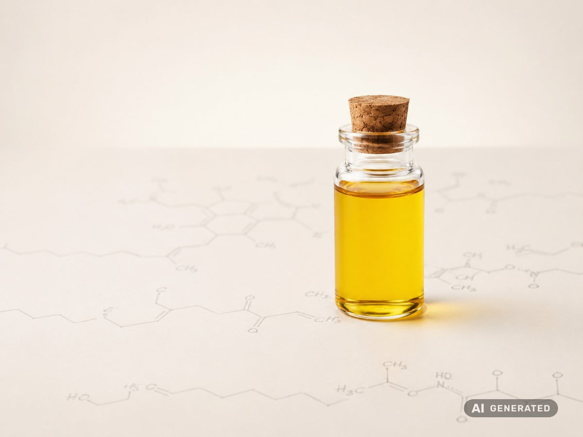 StoppOx® Emulsion, bio – gelbe Flüssigkeit in Glasflasche vor angedeuteten Strukturformeln