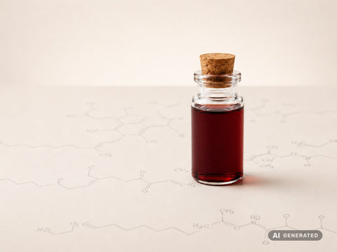 StoppOx® Lipid, COS, bio – liquido rosso scuro in bottiglia di vetro davanti a formule di struttura stilizzate