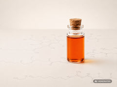 StoppOx® Toco 70 Soy – liquido arancione in bottiglia di vetro davanti a formule di struttura stilizzate