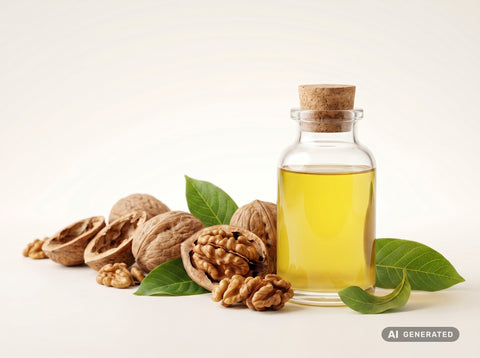 Olio di noce spremuto a freddo, bio (alimentare) – olio giallo chiaro in bottiglia di vetro con noci e foglie