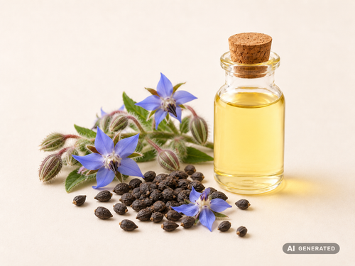 Borretschsamenöl kaltgepresst, bio – goldgelbes Öl in Glasflasche mit blauen Borretschblüten und Samen