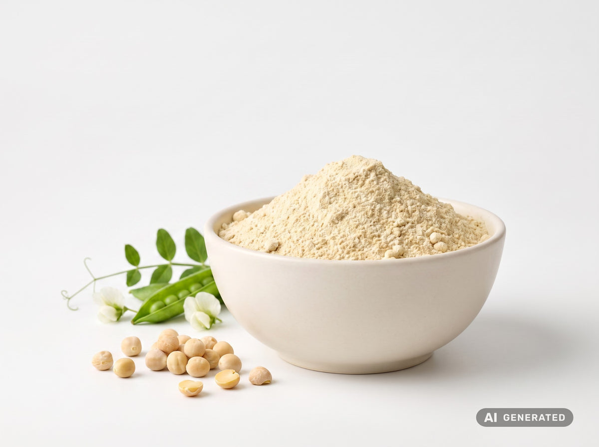 Protéine de pois 80, bio – protéine en poudre claire dans un bol blanc avec des pois et des fleurs de pois