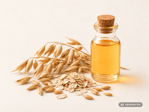 Olio di avena (estratto CO₂), bio – olio color ambra in bottiglia di vetro con pannocchie e fiocchi d’avena